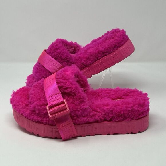 UGG Fluffita Platform Women Fur Slide Slippers Pink Size 7 Sheepskin STORE MODEL - Picture 1 of 16